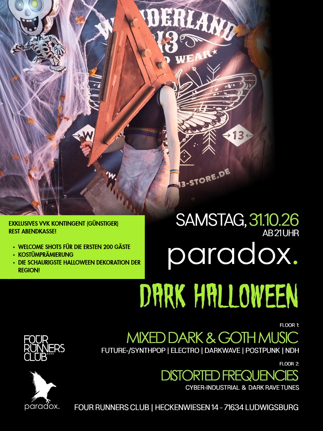 Paradox Dark Halloween Party am 31. Oktober 2026 auf 2 Floors im Four Runners Club Ludwigsburg