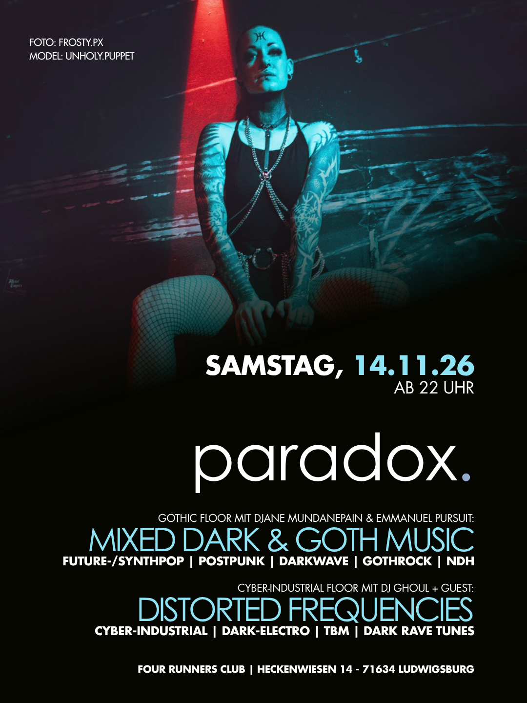 Paradox Party am 14. November 2026 im Four Runners Club Ludwigsburg bei Stuttgart. Die Gothic Party in der Region